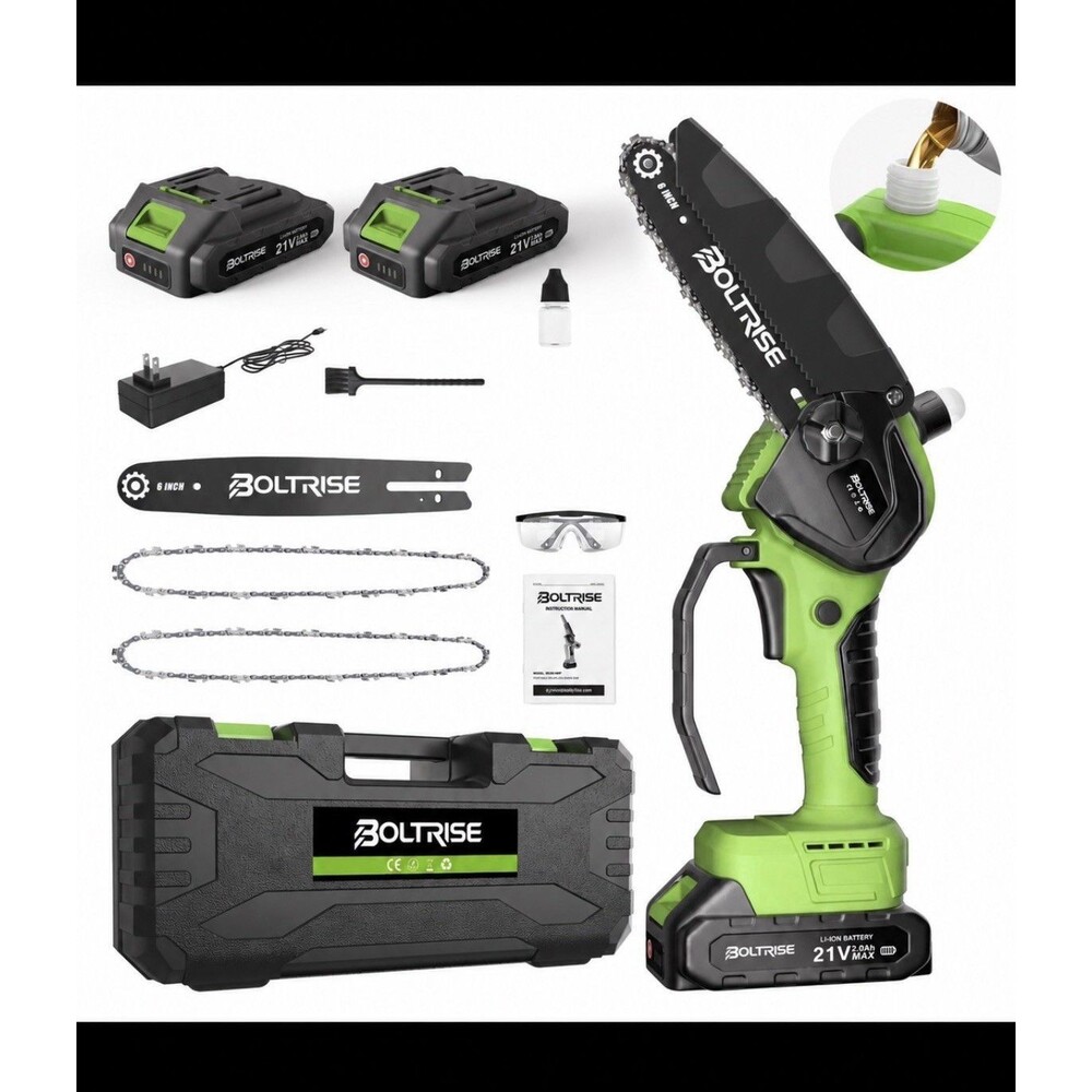 6" BOLTRISE Mini Cordless Chainsaw, Brushless Electric w/ 2 Batteries & Oiler
